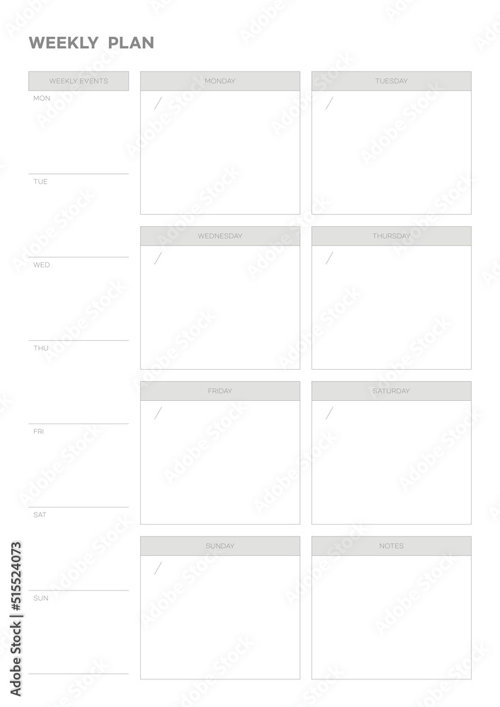 Note, scheduler, diary, calendar planner document template illustration. Weekly plan. Note, scheduler, diary, calendar planner document template illustration. Weekly plan.