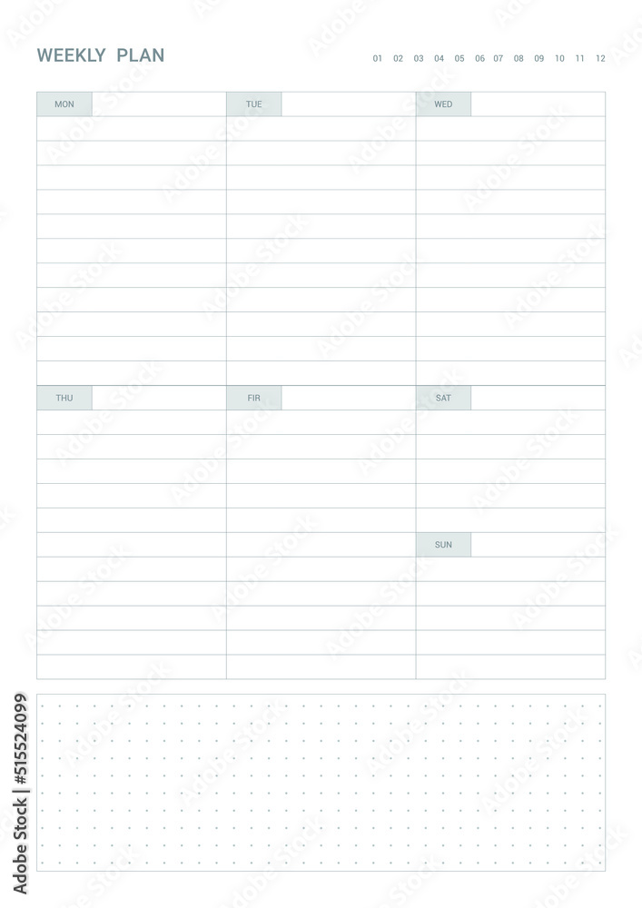 Note, scheduler, diary, calendar planner document template illustration. Weekly plan. Note, scheduler, diary, calendar planner document template illustration. Weekly plan.