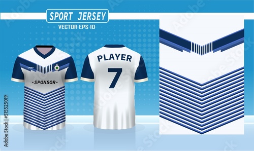 3D realistic mock up of front and back of white and blue soccer jersey t-shirt Concept for zebra stripe football team uniform or apparel mockup template in vector illustration. Soccer jersey design.