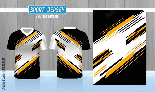 3D realistic mock up of front and back of white and black soccer jersey t-shirt Concept for stripe football team uniform or apparel mockup template in vector illustration.Badminton volly ball  jersey.