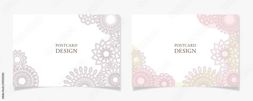 曲線で描いた花柄風のポストカードデザインL1【赤みのグレー／ピンク】