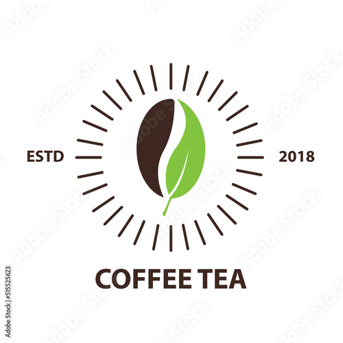 Distinctive coffee and tea shop branding mark featuring a contemporary bean and leaf graphic, encircled by radiating lines, signifying a premium and established beverage offering