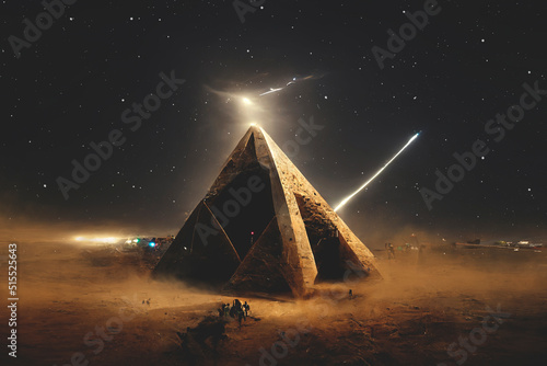 Night fantasy futuristic desert landscape with Egyptian pyramids. Night sky, rays of light, glare of the galaxy. Tunnel in the pyramid. 3D illustration.