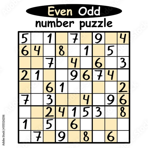 Big Even-Odd sudoku printable activity page vector illustration. Place even numbers on colorful cells and odd numbers on white cells. Unusual sudoku game for kids and adults vector