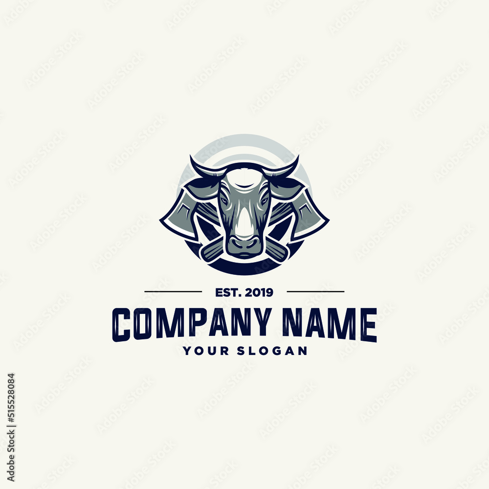 company logo design vector illustration with axe and cow head company logo design vector illustration with axe and cow head