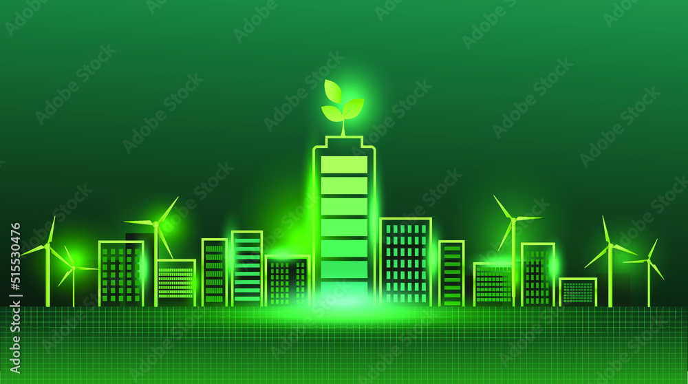 Ecology concept with green eco city background. Environment conservation resource sustainable, urban environment concept.