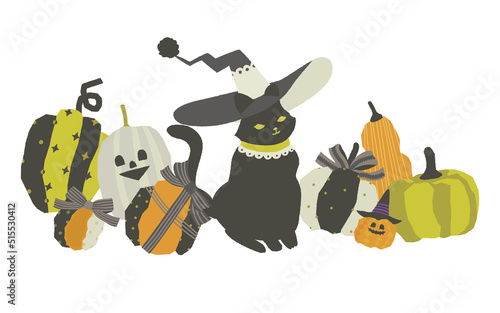 〘ベクター〙ウィッチな黒猫とハロウィンかぼちゃのイラスト