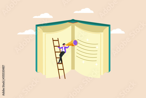 Student with big gold telescope looking for literature in big book. Education level concept. Colored flat graphic vector illustration isolated.