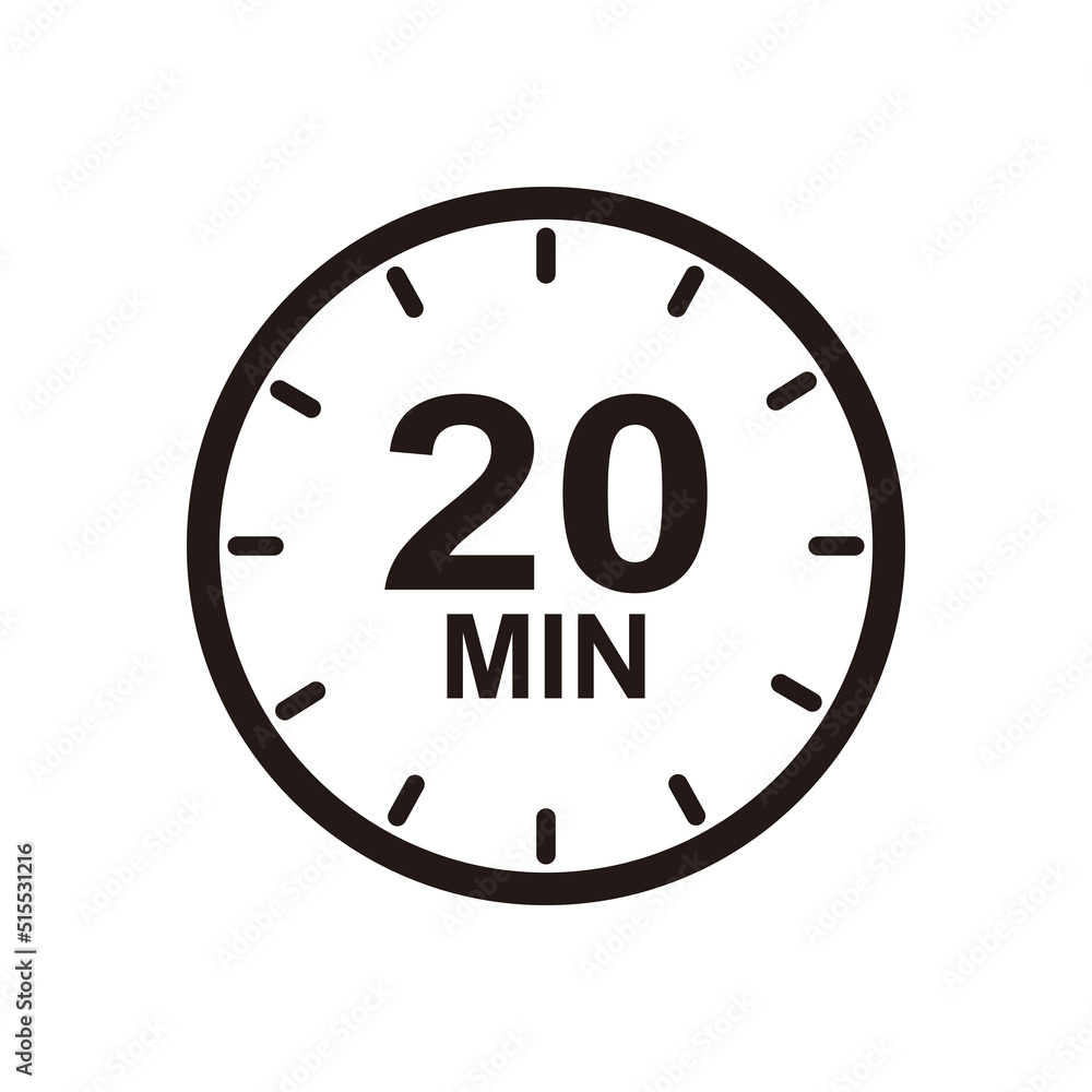 Twenty minutes icon. Symbol for product labels. Different uses such as cooking time, waiting time Twenty minutes icon. Symbol for product labels. Different uses such as cooking time, waiting time