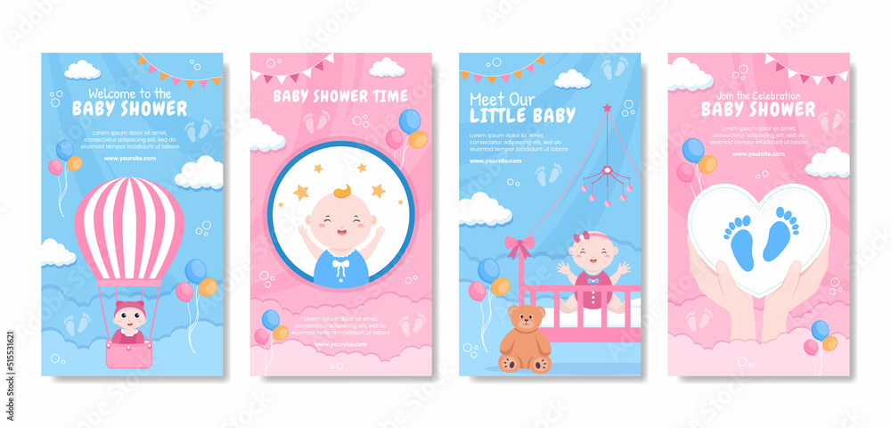 Baby Shower Little Boy or Girl Social Media Stories Template Flat Cartoon Background Vector Illustration