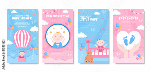 Baby Shower Little Boy or Girl Social Media Stories Template Flat Cartoon Background Vector Illustration