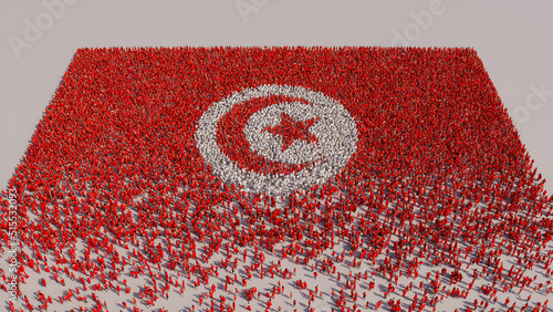 A Crowd of People gathering to form the Flag of Tunisia. Tunisian Banner on White.