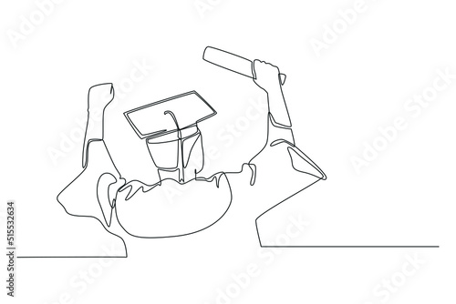 Continuous one line drawing back view of graduate student wear graduation cap and gown with certified in his hand. Graduation concept. Single line draw design vector graphic illustration.
