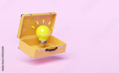 3d yellow open suitcase with light bulb isolated on pink background. summer travel, idea tip concept, minimal abstract, 3d render illustration