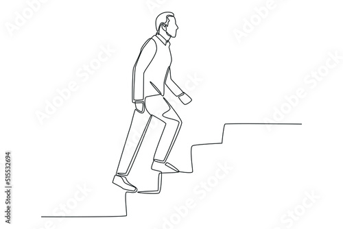 Continuous one line drawing man climbing up stairs to reach his goal on the top. Single line draw design vector graphic illustration.