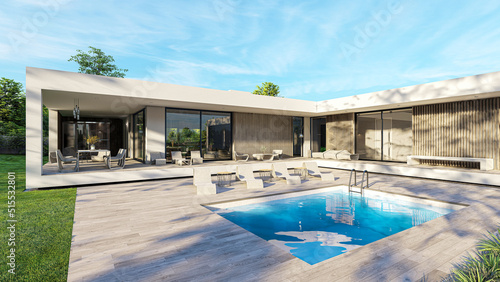 Design house - modern villa with open plan living and private bedroom wing. Large terrace with privacy thanks to the house, swimming pool. Small covered terrace for sauna and relaxation.  © Martin