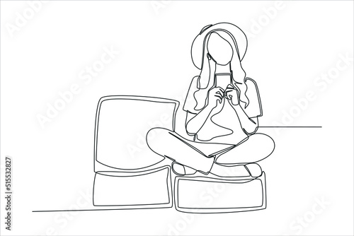 Single one line drawing woman sits at the airport waiting for a flight and uses the phone. Airport activity concept. Continuous line draw design graphic vector illustration.