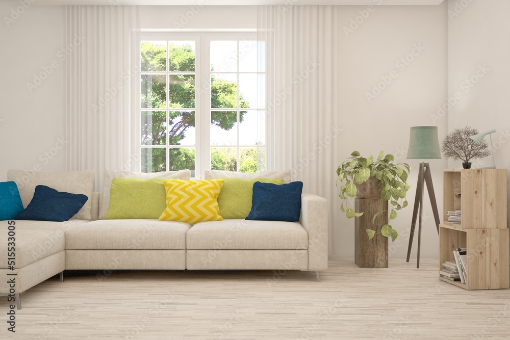 White living room with sofa and summer landscape in window. Scandinavian interior design. 3D illustration