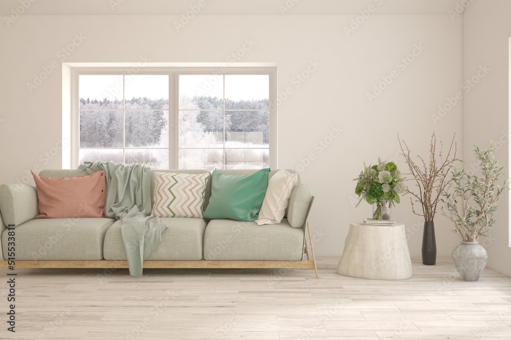 White living room with sofa and winter landscape in window. Scandinavian interior design. 3D illustration White living room with sofa and winter landscape in window. Scandinavian interior design. 3D illustration