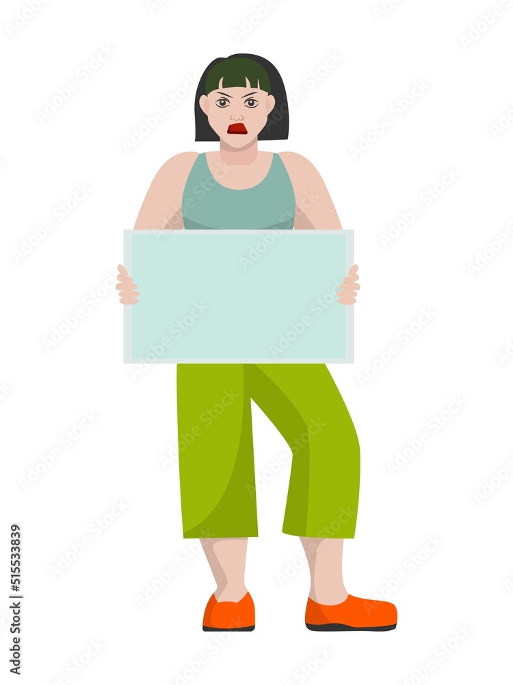 Young body positive woman protesting, holding a blank placard. Isolated on white background