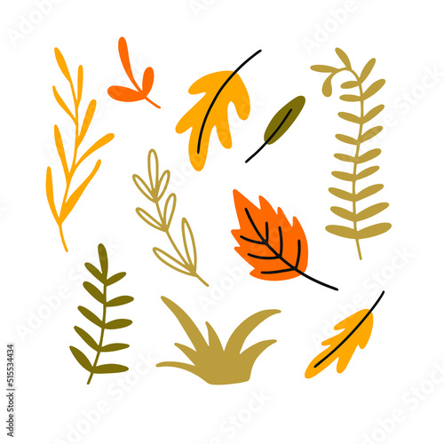 Set of fall colorful leaves with grass in doodle style. Collection of children vector illustrations isolated on a white background. Cute elements for your design - poster, card, bag, t shirt