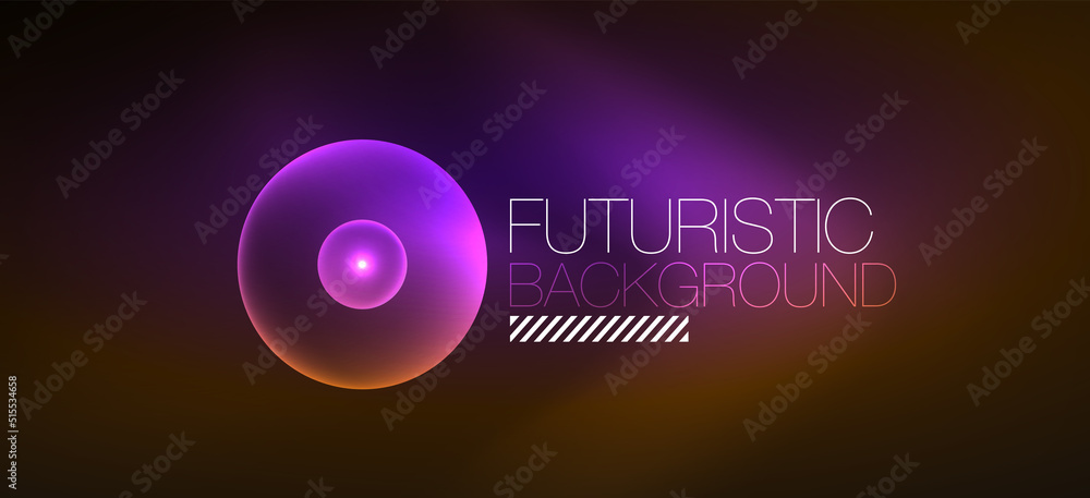 Shiny neon geometric abstract background. Glowing lights on round shapes, triangles and circles. Wallpaper for concept of AI technology, blockchain, communication, 5G, science, business
