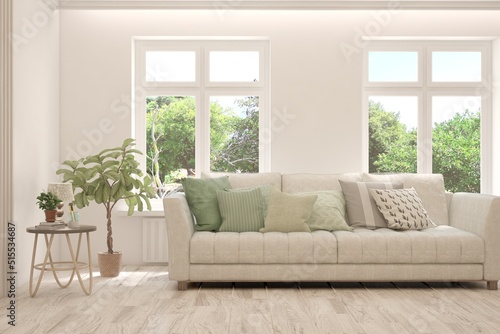 Minimalist living room in white color with sofa and summer landscape in window. Scandinavian interior design. 3D illustration