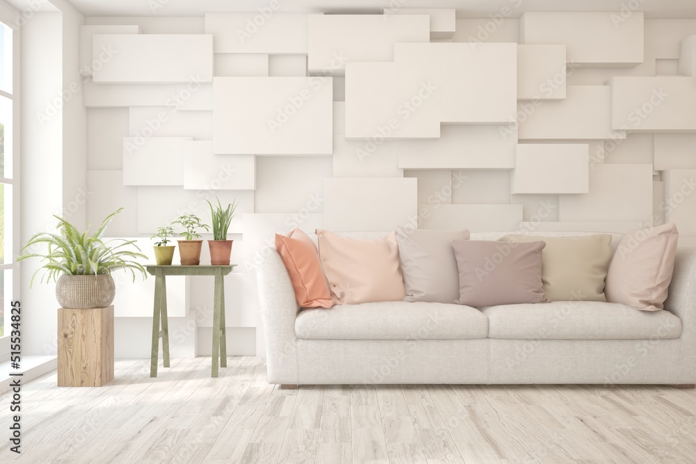 White living room with sofa. Scandinavian interior design. 3D illustration White living room with sofa. Scandinavian interior design. 3D illustration