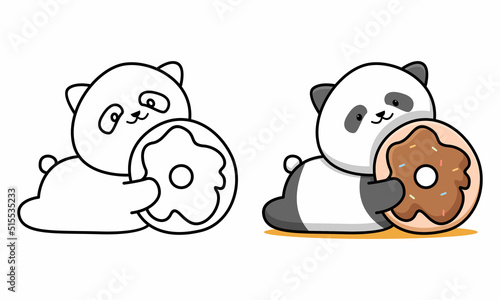 Cute panda with doughnut coloring page for kids