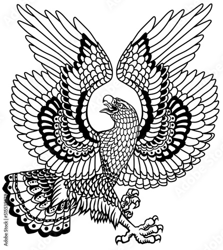 Traditional eagle tattoo. Landing down a bald white-headed bird with open wings and a head turned in profile. Black and white isolated vector illustration