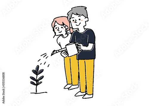 
木に水をやり育てる夫婦　貯蓄し資産を増やす　コミカルな手書きの人物　ベクター、温かみのある線画
