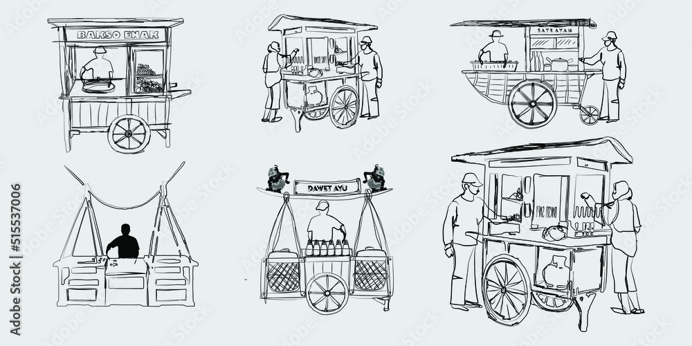 Vector illustration of a street food cart, meatballs, soup, satay, drinks