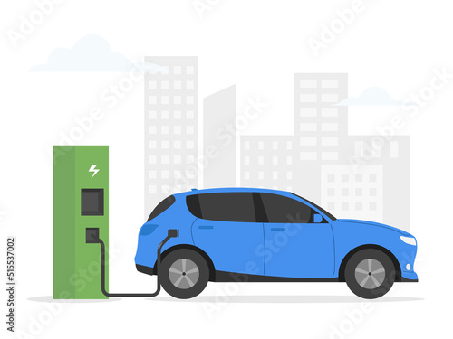 electric car charging at the charger station. Electromobility e-motion concept