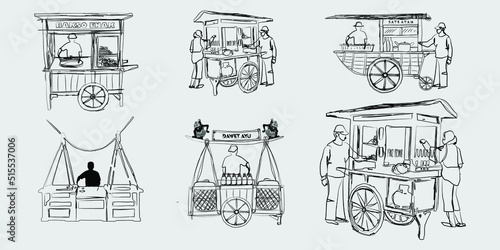 Vector illustration of a street food cart, meatballs, soup, satay, drinks