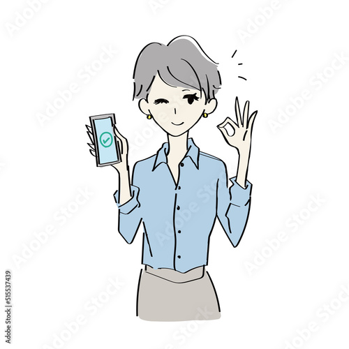 スマートフォンを持ってOKのサインをする女性　イラスト