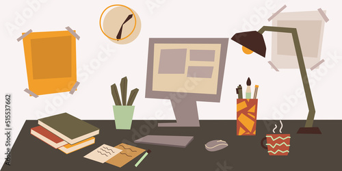 Office desk or table with computer. Business or home workspace. Vector hand drawn flat cartoon style illustration. 