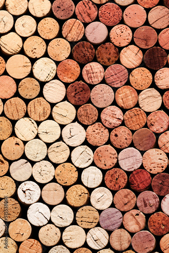 Collection of wine cork from white and red wine  natural texture bottle stoppers top view  colorful background from wooden corks. Natural textured stoppers colored. Winery  winemaking concept.