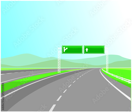 Road highway sign. Green board with arrow and road with marking. vector background