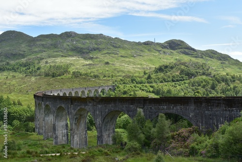 Landscape of Glenfinnan Viaduct Viewpoint.The arch and curve of Viaduct. Train transportation.The famous view point form Harry potter in Scothland  UK