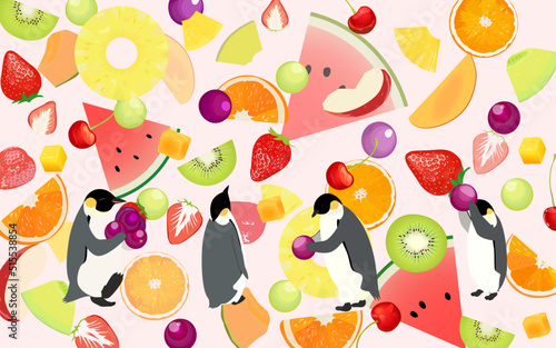 Fruits paradise (set of penguins illustration)