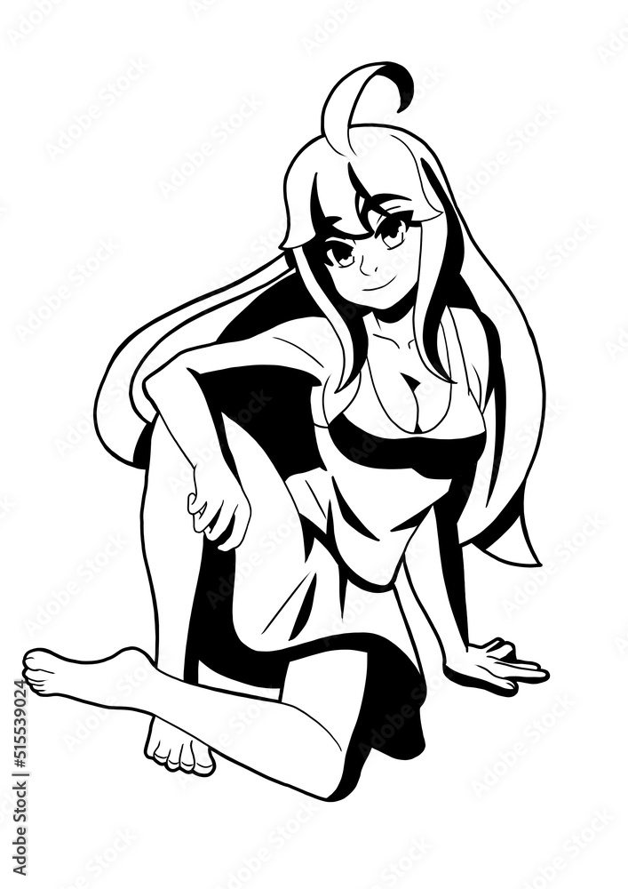 Cute sitting girl drawn in cartoon style she has big breasts, long blond hair on her t-shirt and skirt she is barefoot outline coloring with shadows Cute sitting girl drawn in cartoon style she has big breasts, long blond hair on her t-shirt and skirt she is barefoot outline coloring with shadows
