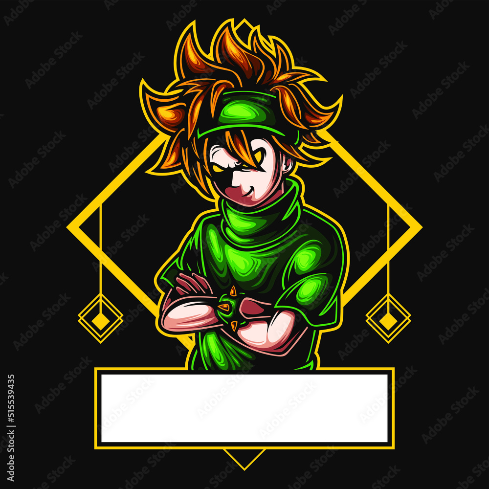 Mascot esport character logo gaming green tshirt costume ninja modern with headband. Logo gaming for team squad.logo vector character boy for gaming.
