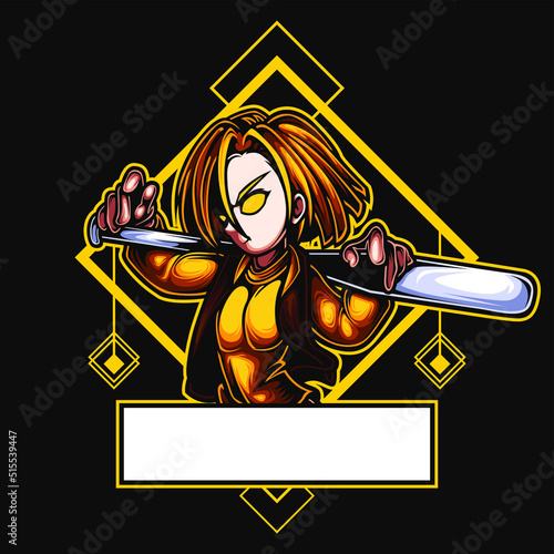 Mascot esport character logo gaming yellow costume woman athlete baseball with stick. Logo gaming for team squad.logo vector character woman for gaming.