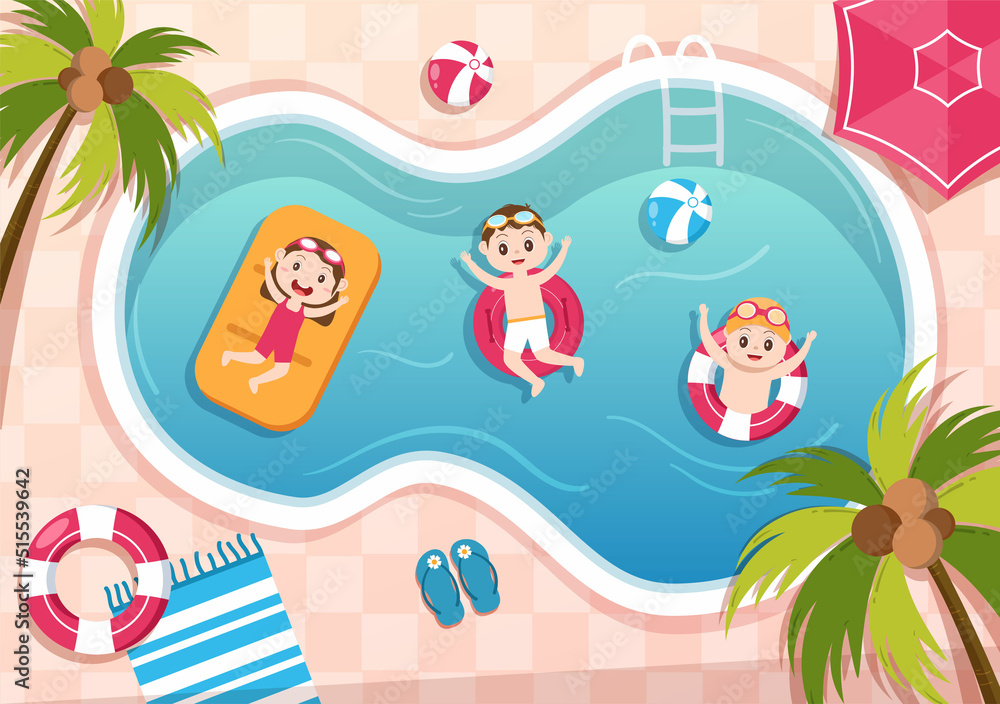 Water Park with Swimming Pool, Amusement, Slide, Palm Trees and the Children are Swim for Recreation and Outdoor Playground in Flat Cartoon Illustration Water Park with Swimming Pool, Amusement, Slide, Palm Trees and the Children are Swim for Recreation and Outdoor Playground in Flat Cartoon Illustration