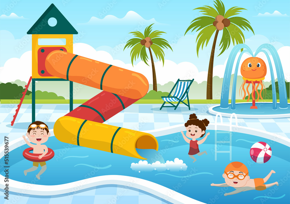 Water Park with Swimming Pool, Amusement, Slide, Palm Trees and the