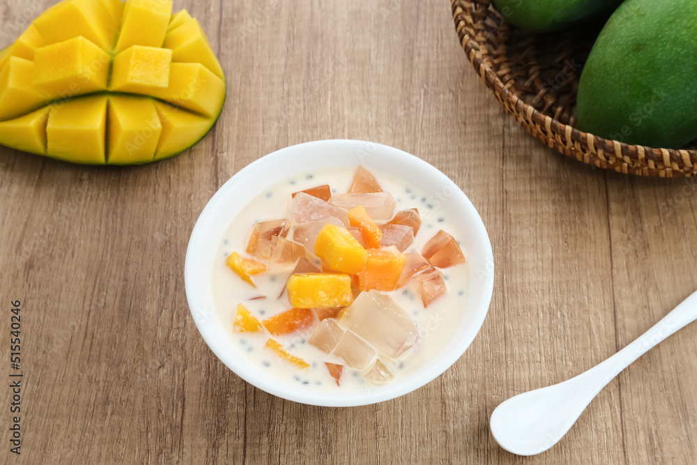 Mango Cheese Milk, a dessert made from jelly, nata de coco, basil seed, sweet mango, cream cheese and milk.
Mango Cheese Milk, a dessert made from jelly, nata de coco, basil seed, sweet mango, cream cheese and milk.