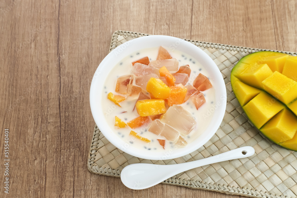 Mango Cheese Milk, a dessert made from jelly, nata de coco, basil seed, sweet mango, cream cheese and milk.
Mango Cheese Milk, a dessert made from jelly, nata de coco, basil seed, sweet mango, cream cheese and milk.
