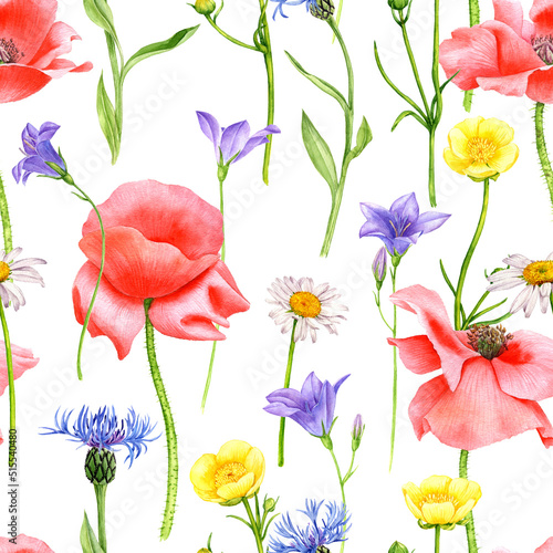 watercolor drawing seamless pattern with flowers, red poppies , daisies, bells and blue cornflowers at white background , hand drawn botanical illustration