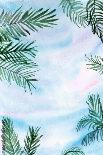 an aesthetic hand painted watercolor of summer sky and tropical leaf background