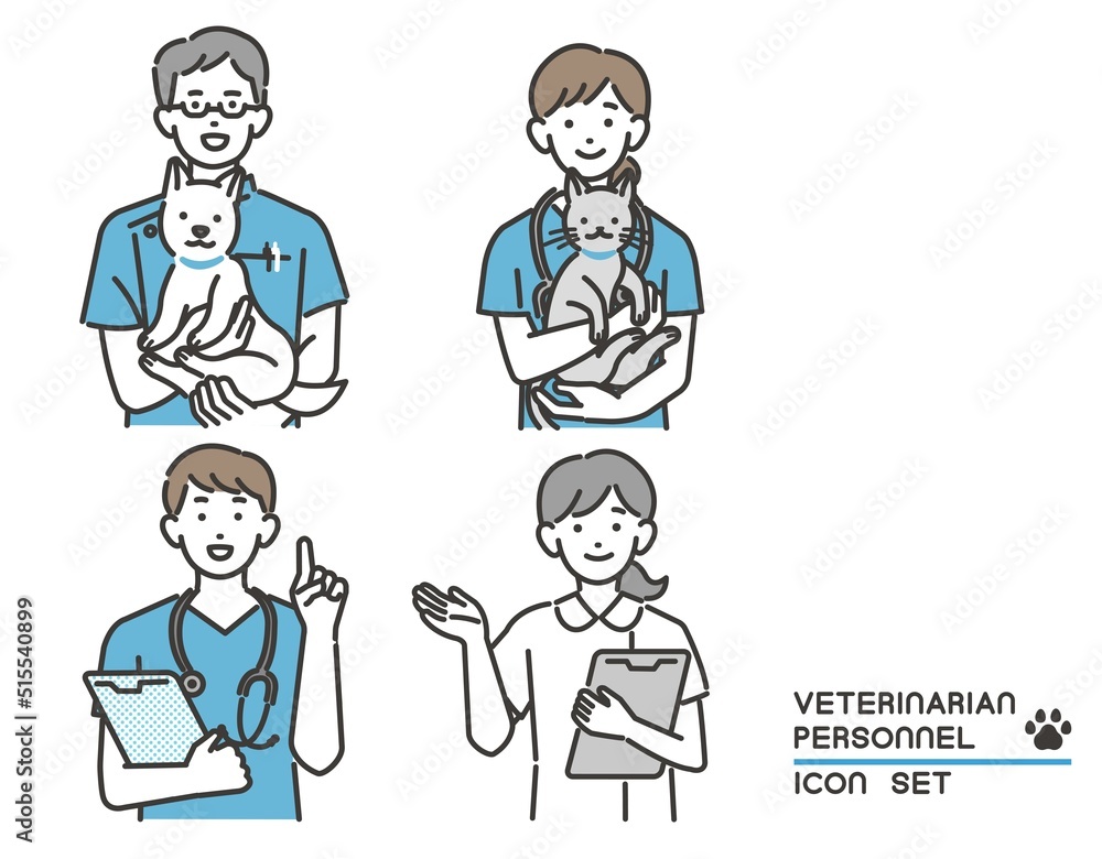 動物病院で働く獣医やスタッフの上半身のベクターイラスト素材／犬や猫／ペット／トリミング／病院
